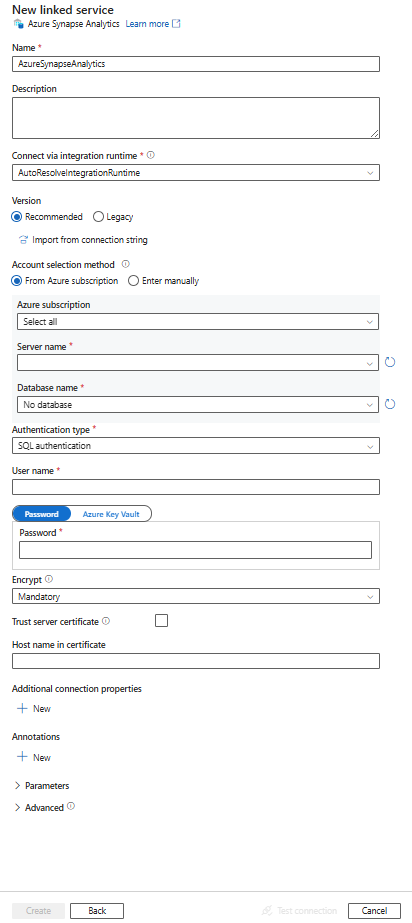 Captura de pantalla de la configuración de un servicio vinculado de Azure Synapse Analytics.