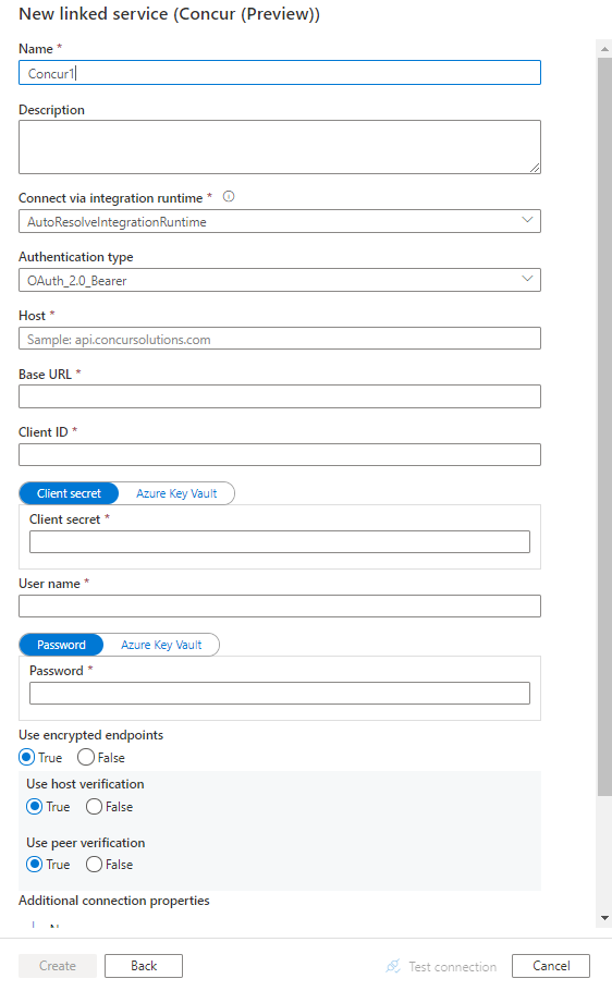 Captura de pantalla de la configuración del servicio vinculado en Concur.