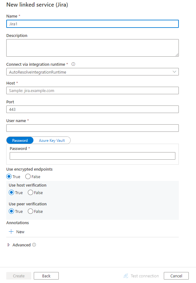 Configuración de un servicio vinculado en Jira.