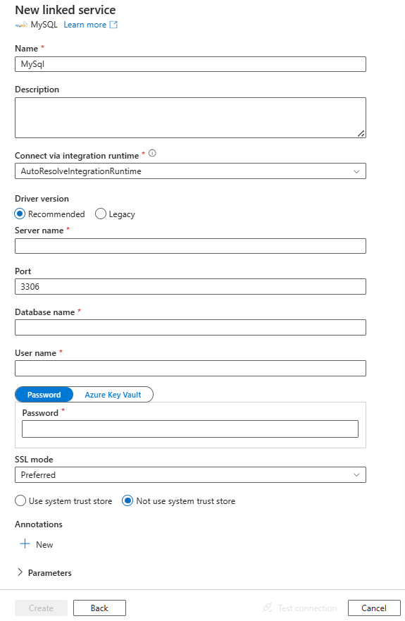 Configuración de un servicio vinculado en MySQL.