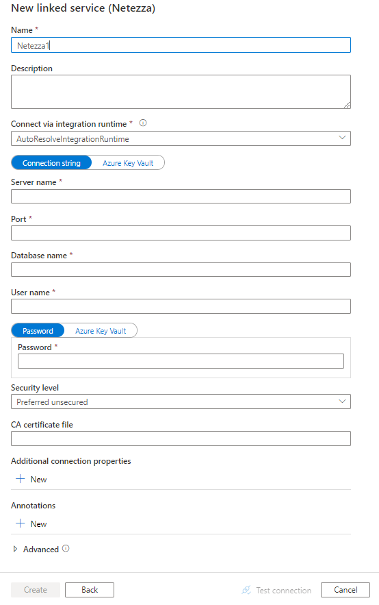 Captura de pantalla de la configuración del servicio vinculado en Netezza.