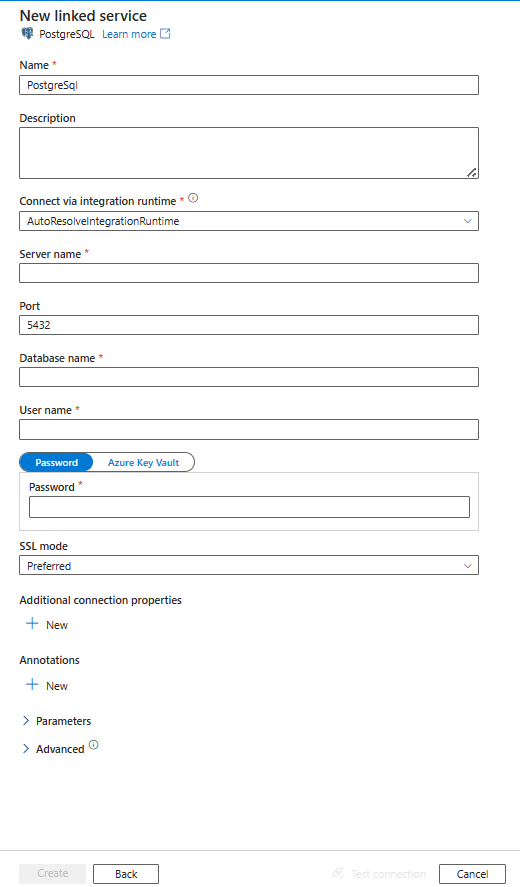 Configuración de un servicio vinculado en PostgreSQL.