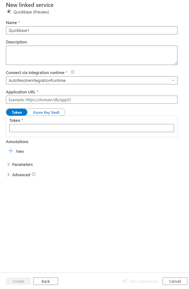 Captura de pantalla de la configuración del servicio vinculado Quickbase.