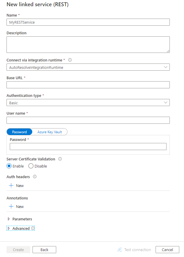 Configuración del servicio vinculado REST.