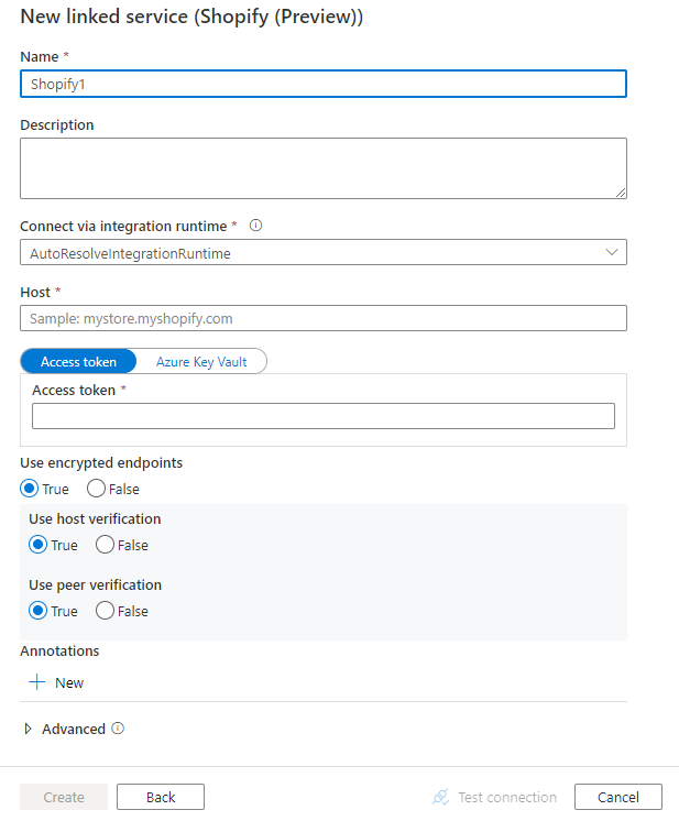 Captura de pantalla de la configuración del servicio vinculado en Shopify.