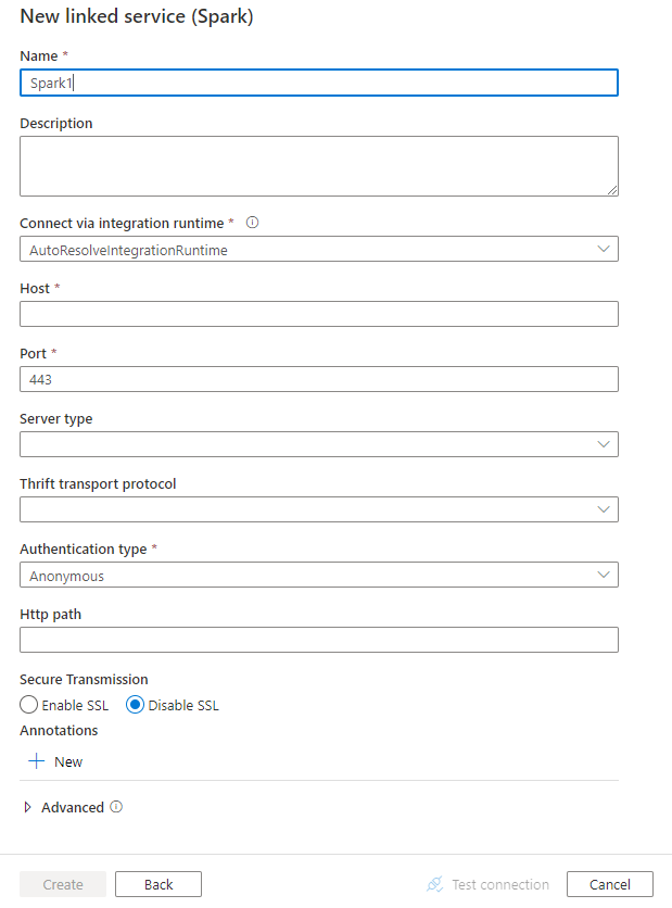 Captura de pantalla de la configuración del servicio vinculado en Spark.