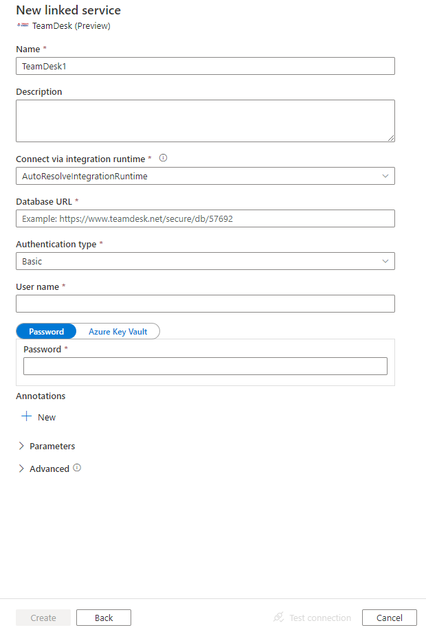 Captura de pantalla que muestra la configuración del servicio vinculado de TeamDesk.