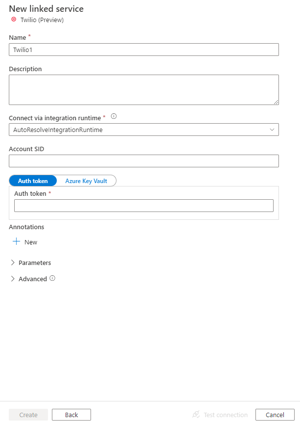 Captura de pantalla de la configuración para el servicio vinculado Twilio.