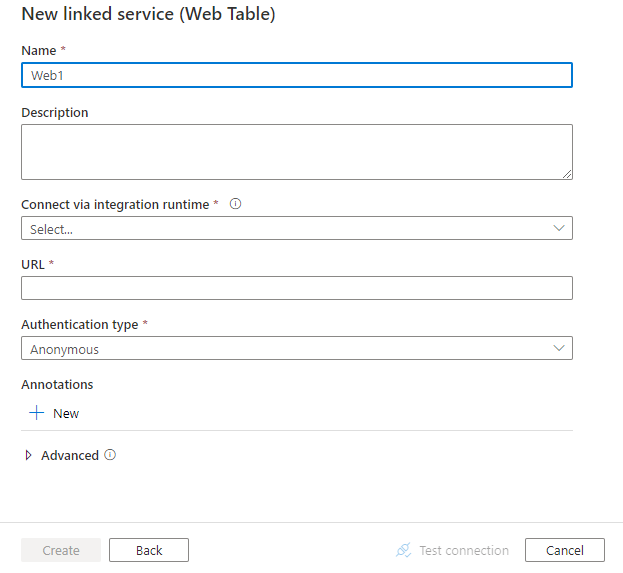 Configuración de un servicio vinculado en Web Table.