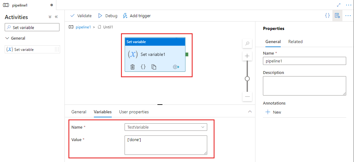 Muestra el editor de actividades de una actividad Until con una actividad Establecer variable definida.