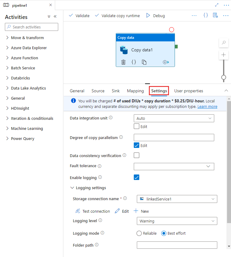 Muestra las características de rendimiento de la actividad de copia en la pestaña de Configuración para la actividad en el editor de canalización.