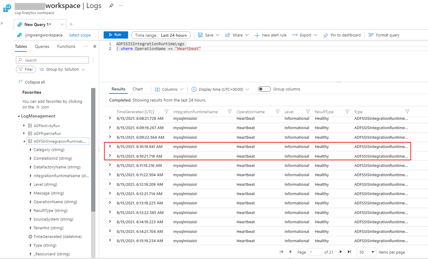 Consulta de los latidos de SSIS IR en Log Analytics