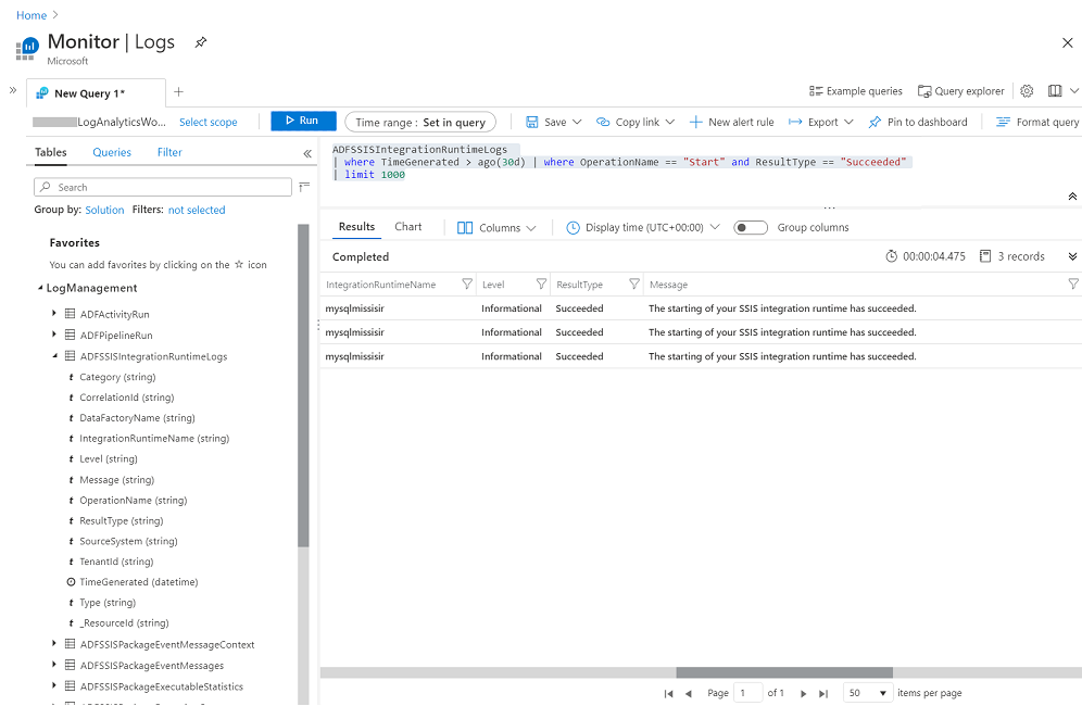 Consulta de los registros de operaciones de SSIS IR en Log Analytics