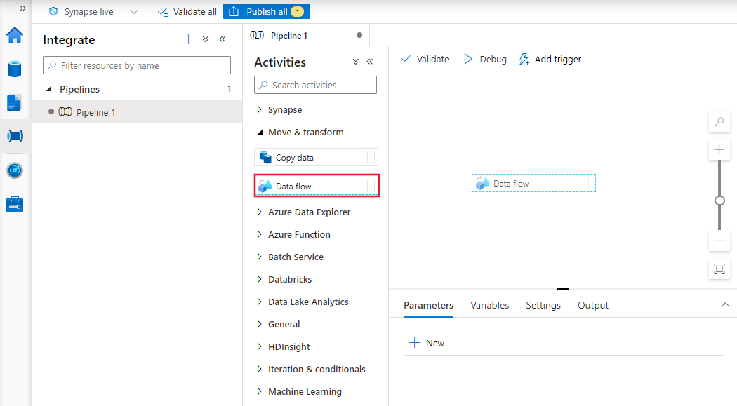 Muestra una captura de pantalla de cómo agregar un flujo de datos vacío a una canalización directamente.