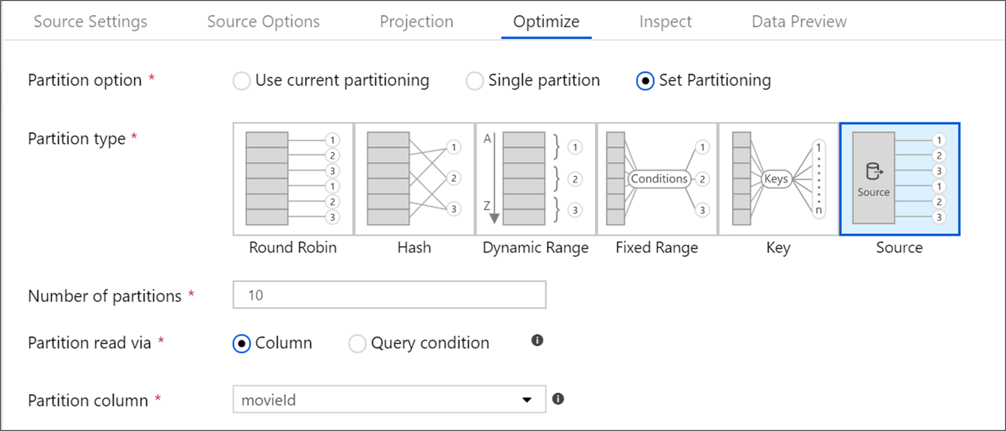 Captura de pantalla que muestra la configuración de la partición de origen.