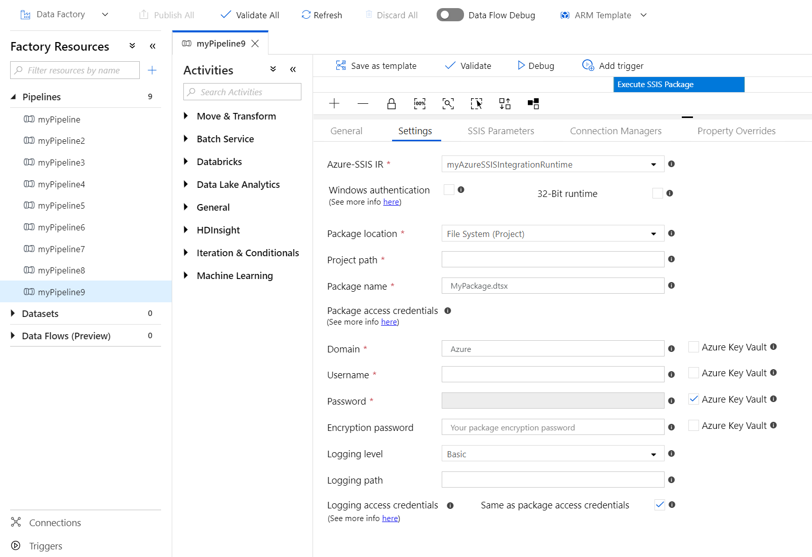 Establecimiento de las propiedades en la pestaña Settings (Configuración): File System (Project) (Sistema de archivos [proyecto])