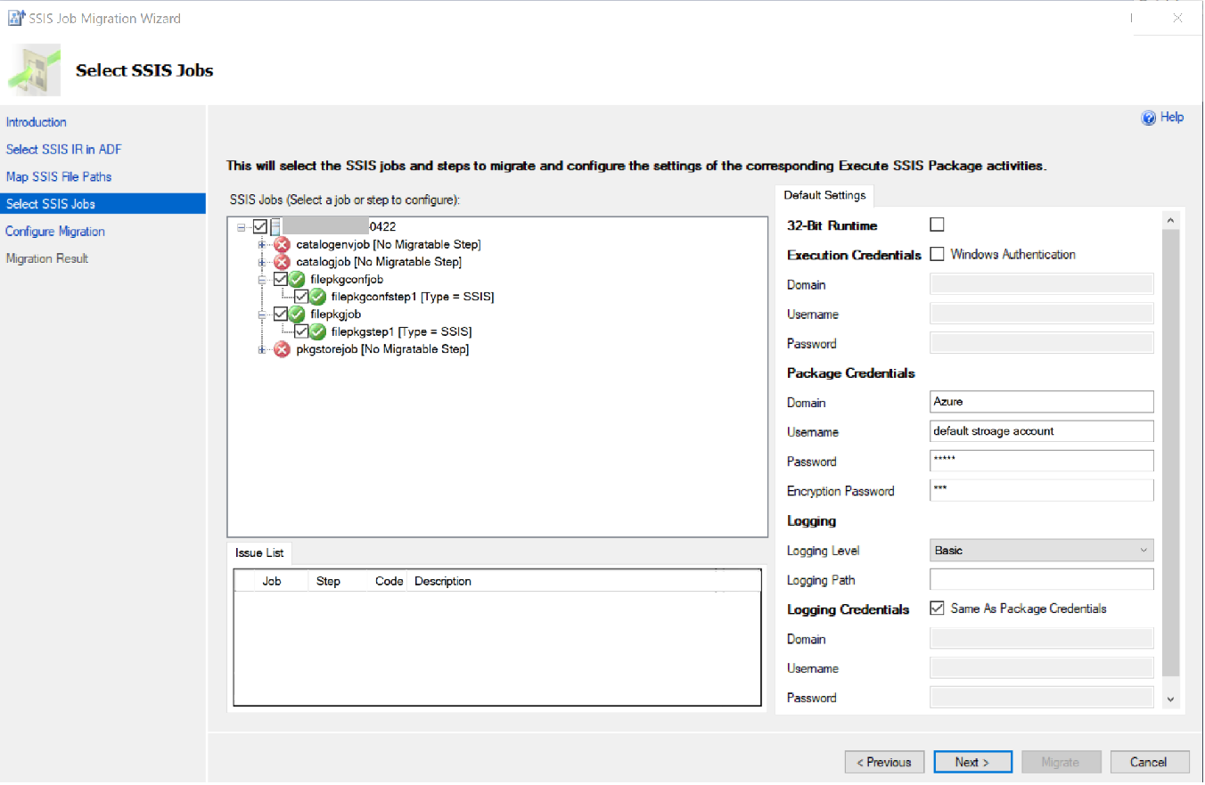 Instantánea de la página Select SSIS Jobs (Seleccionar trabajos de SSIS), donde se puede configurar la actividad del paquete de SSIS ejecutado correspondiente.