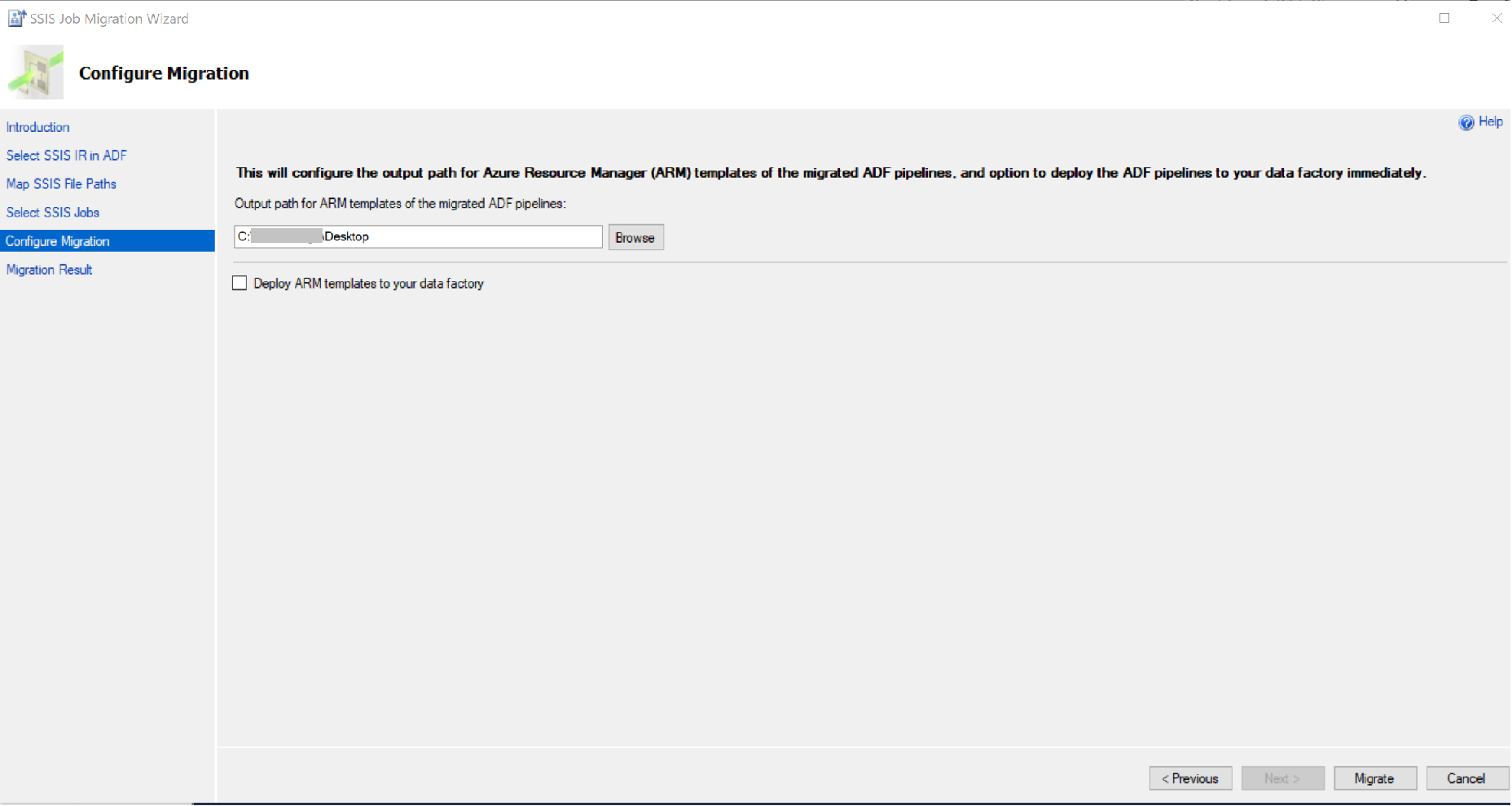 Instantánea de la página Configure Migration (Configurar migración), donde se puede seleccionar o especificar la ruta de salida de las plantillas de Resource Manager para las canalizaciones de ADF migradas y seleccionar la opción Deploy ARM templates to your data factory (Implementar plantillas de Resource Manager en la factoría de datos).