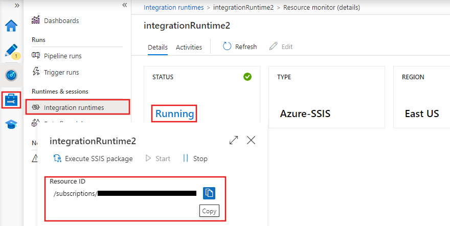 Captura de pantalla que muestra las selecciones para encontrar el ID del recurso de IR de Azure Data Factory SSIS.