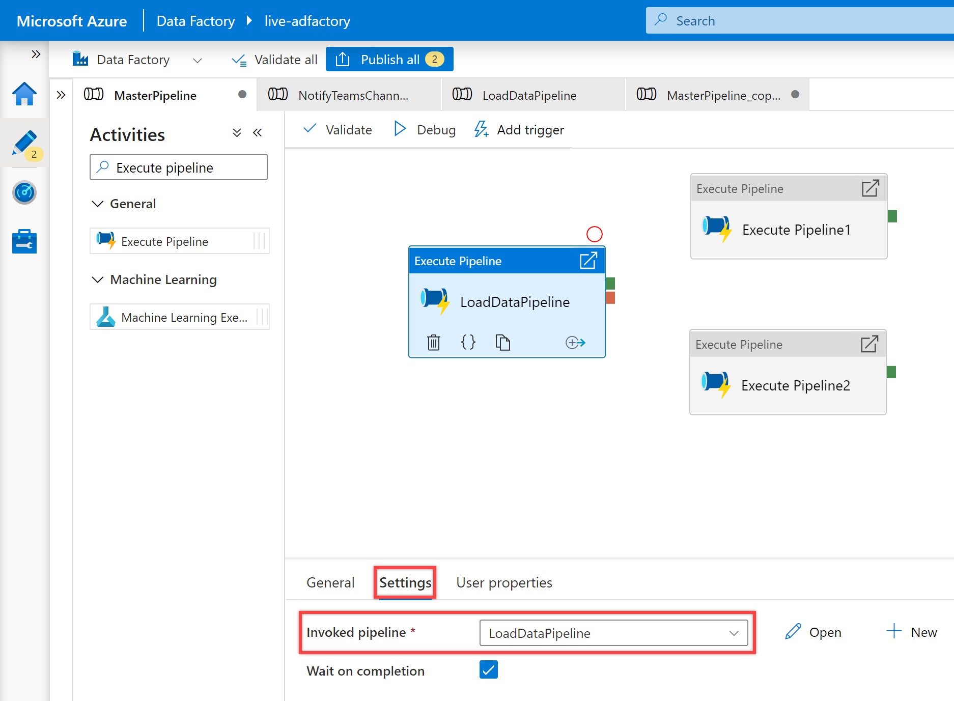 Se muestra el panel Configuración de la actividad "Ejecutar canalización" de la canalización "LoadDataPipeline".