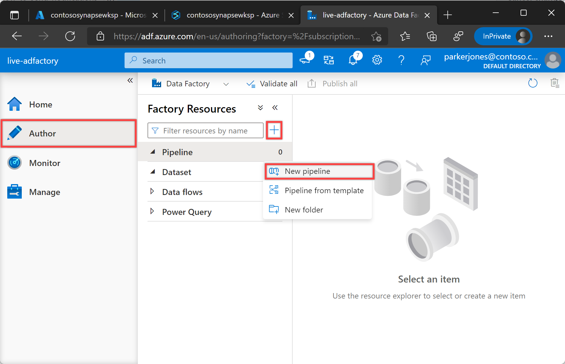 Se muestra el menú "Nueva canalización" en Azure Data Factory Studio.