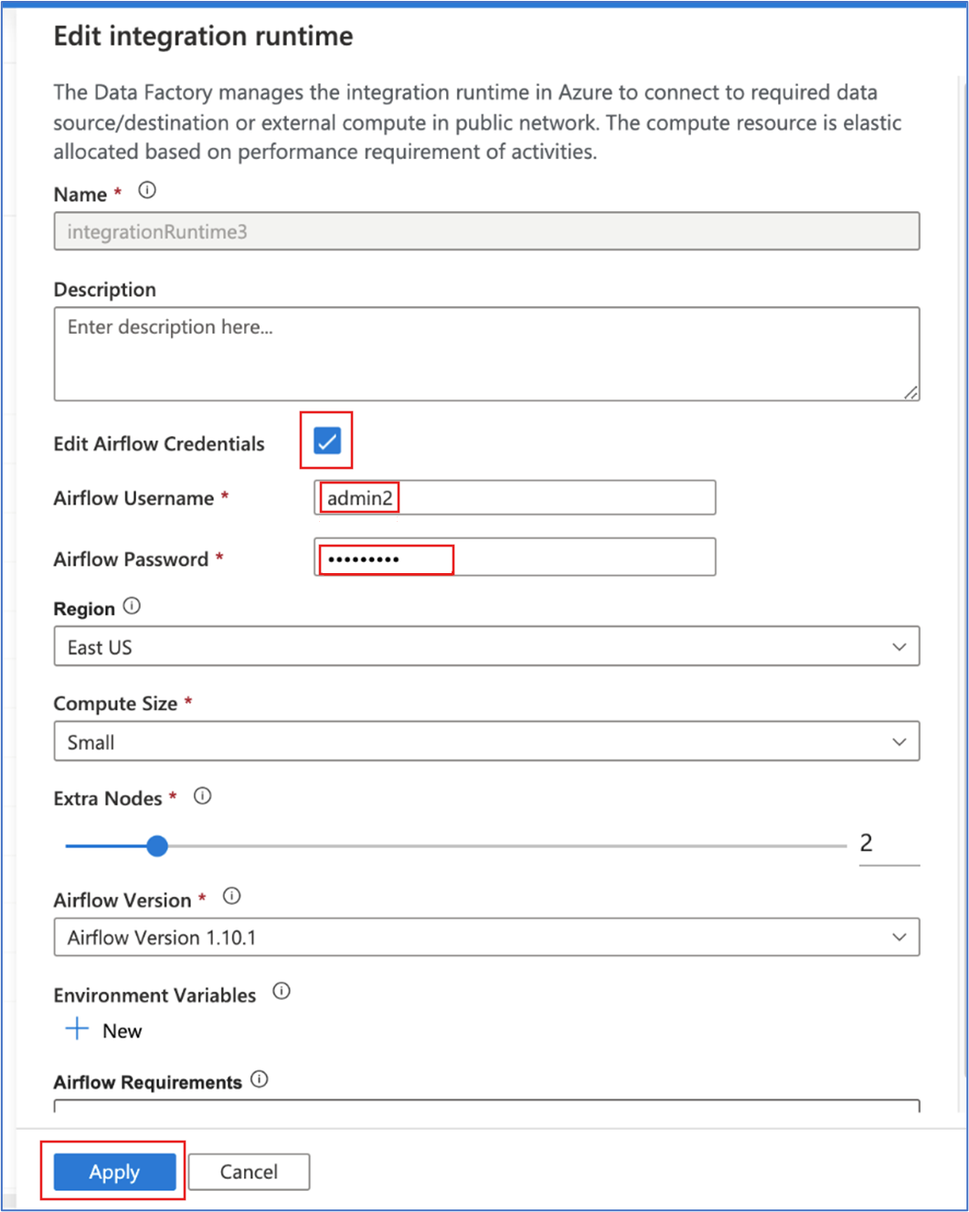 Captura de pantalla que muestra cómo cambiar una contraseña de Airflow en la configuración del entorno de ejecución de integración.