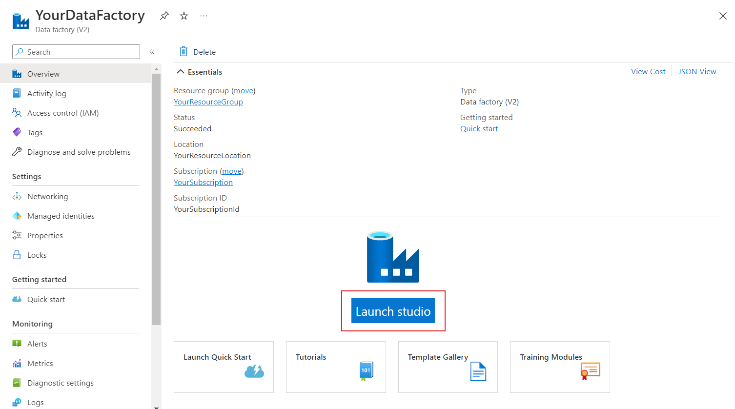 Captura de pantalla del Azure Portal en la página de factoría de datos recién creada, resaltando la ubicación del botón Abrir Azure Data Factory Studio.