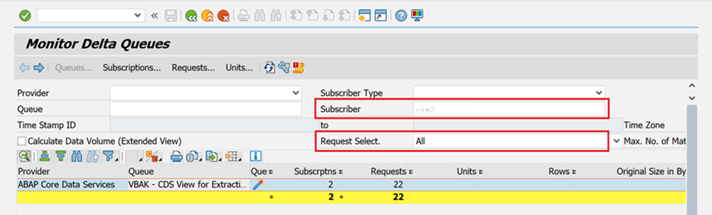 Captura de pantalla de la herramienta ODQMON de SAP con todas las extracciones de datos para un suscriptor en concreto.