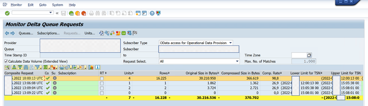 Captura de pantalla de la herramienta ODQMON de SAP con las solicitudes de cola diferenciales mostradas.