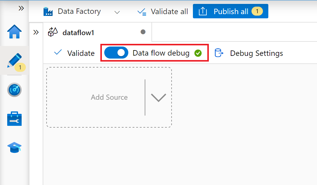 Captura de pantalla del botón de depuración del flujo de datos en el flujo de datos de asignación.