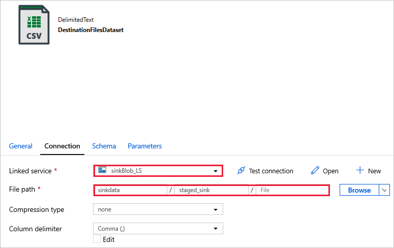 Selecciones para el servicio vinculado y la ruta de acceso al archivo de DestinationFilesDataset