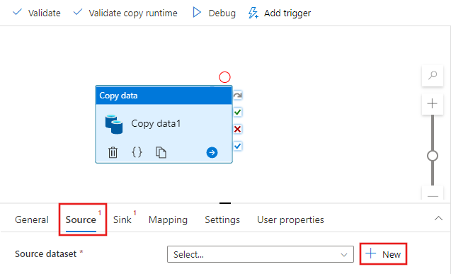 Captura de pantalla que muestra cómo crear un conjunto de datos de origen para la actividad de copia.