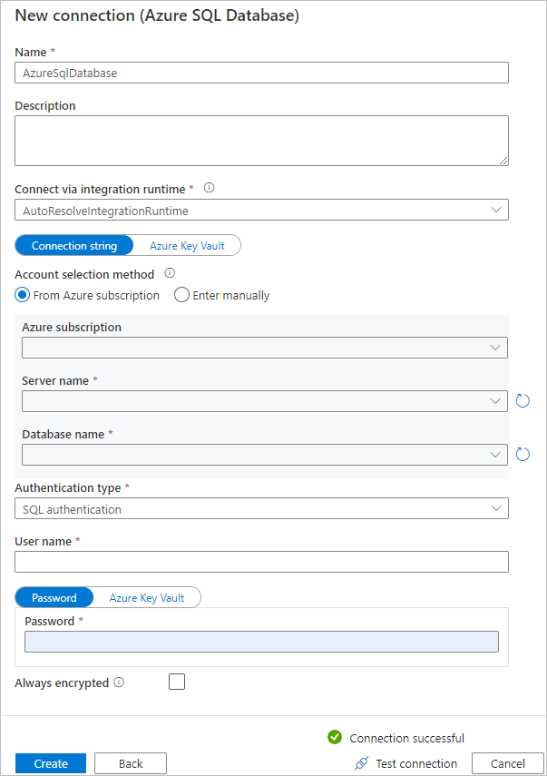 Captura de pantalla de la página Configurar Azure SQL Database.