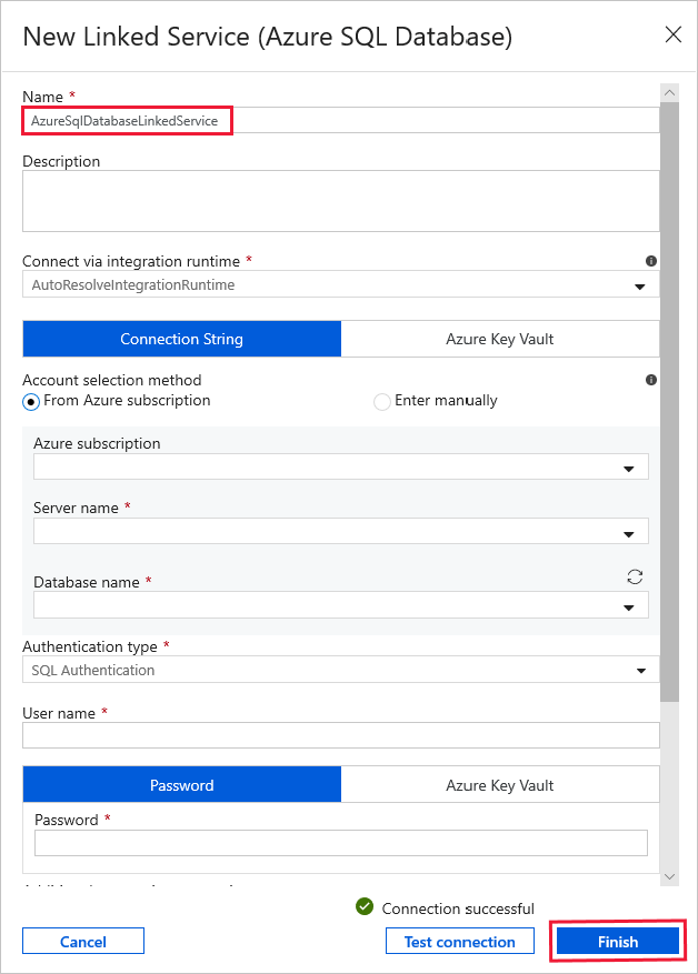 Ventana New Linked Service (Nuevo servicio vinculado)