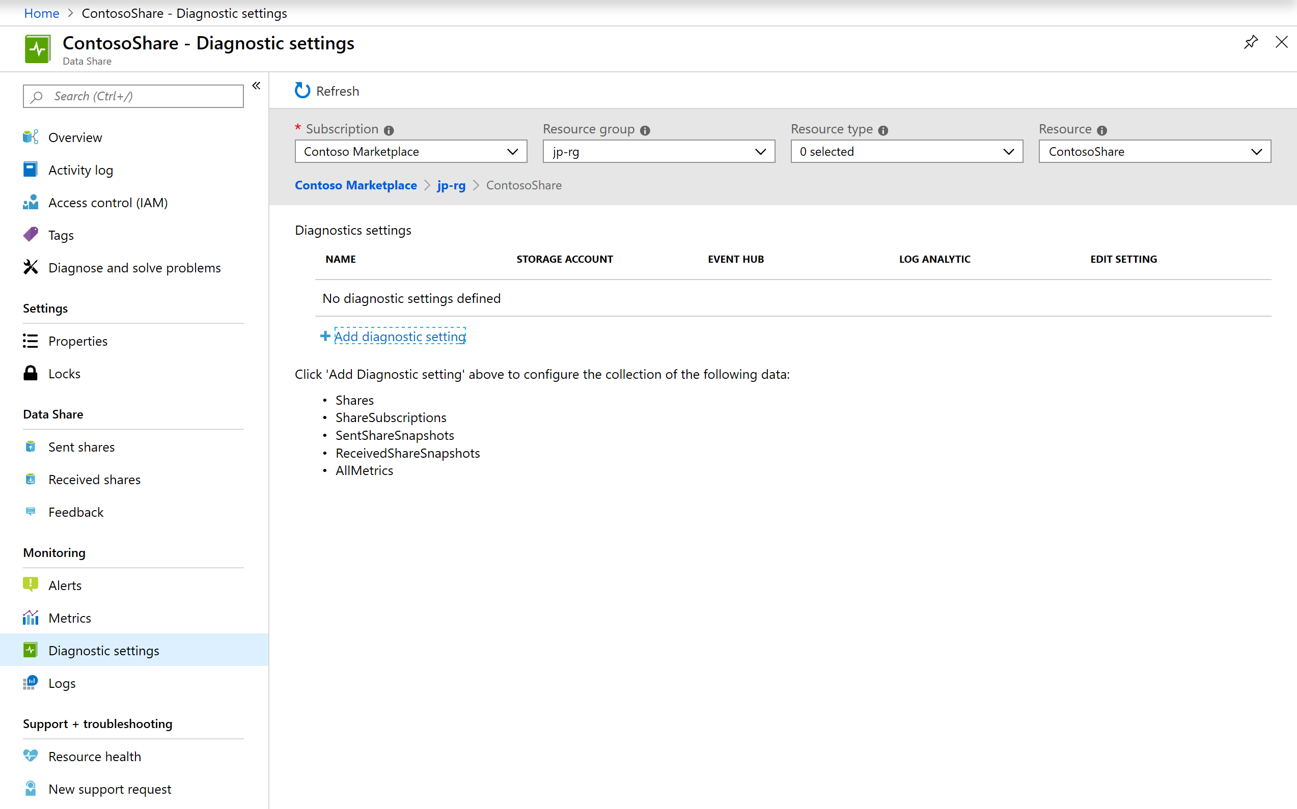 Captura de pantalla en la que se muestra la página de configuración de Diagnostic en Azure Portal.