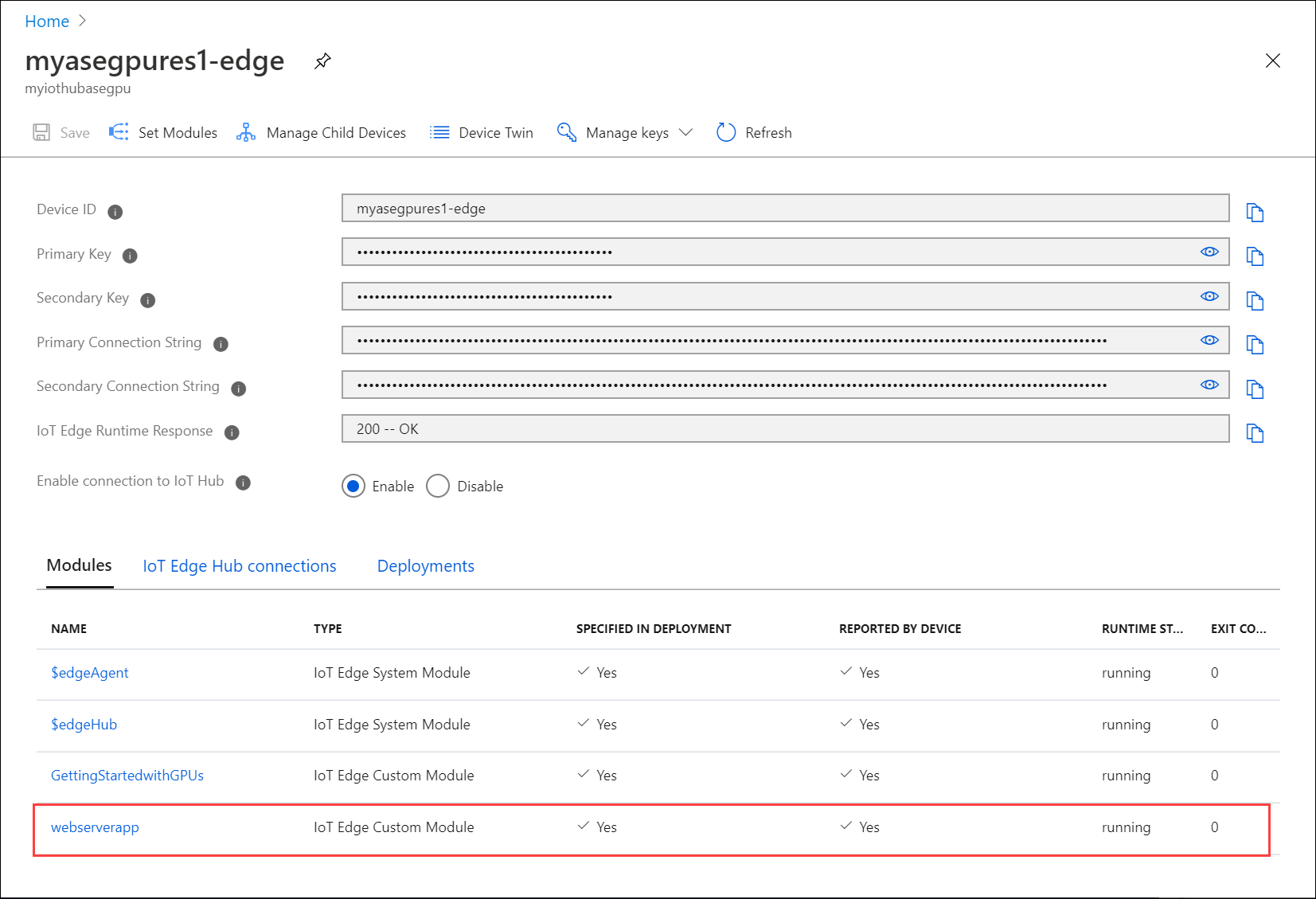 Especifique la información del puerto en la hoja de módulo personalizado de IoT Edge.