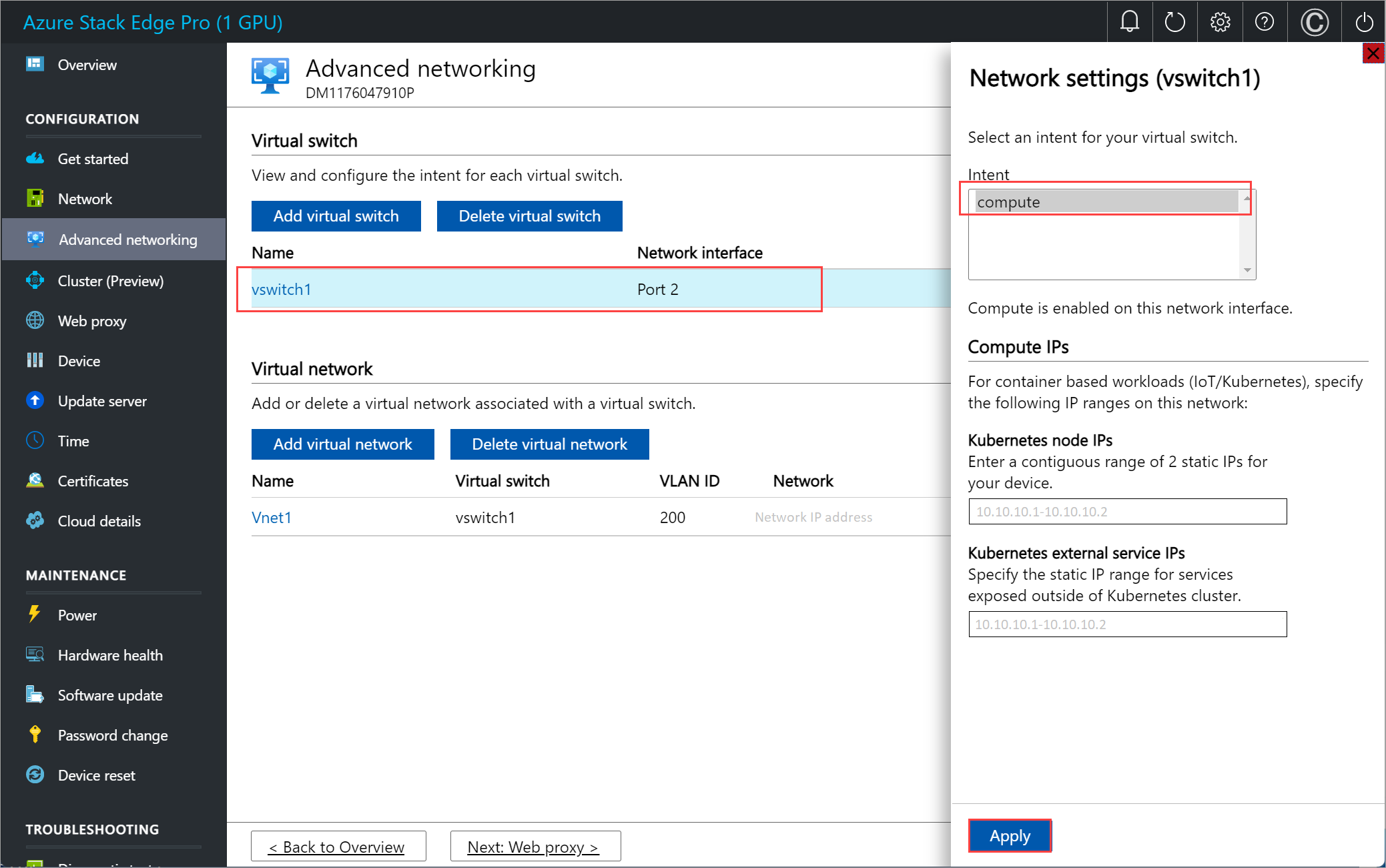 Captura de pantalla del panel Redes avanzadas de un dispositivo Azure Stack Edge. La configuración de red para el puerto 2 está resaltada.