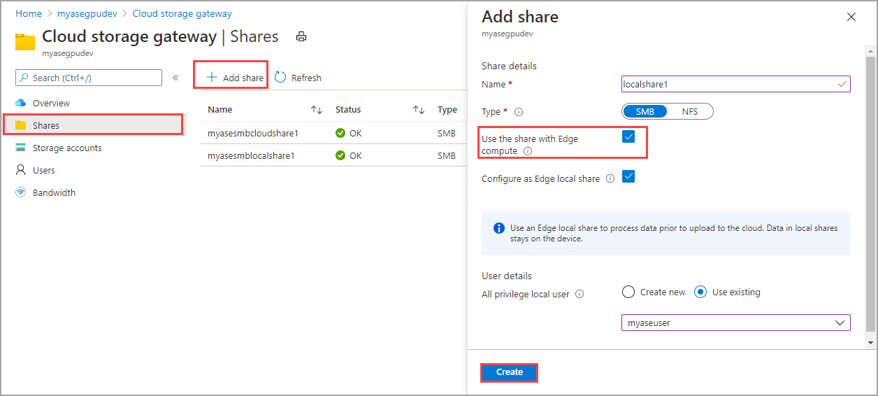 Creación de recursos compartidos locales en Azure Portal para el aprovisionamiento estático