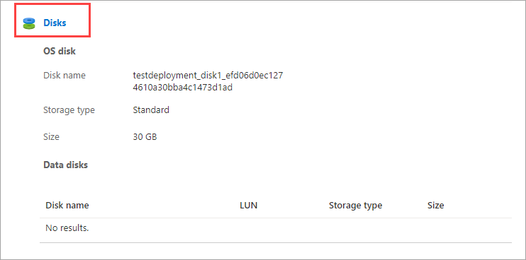 Captura de pantalla de la configuración de Discos en la pestaña Detalles de una máquina virtual en Azure Stack Edge. La etiqueta Discos está resaltada.