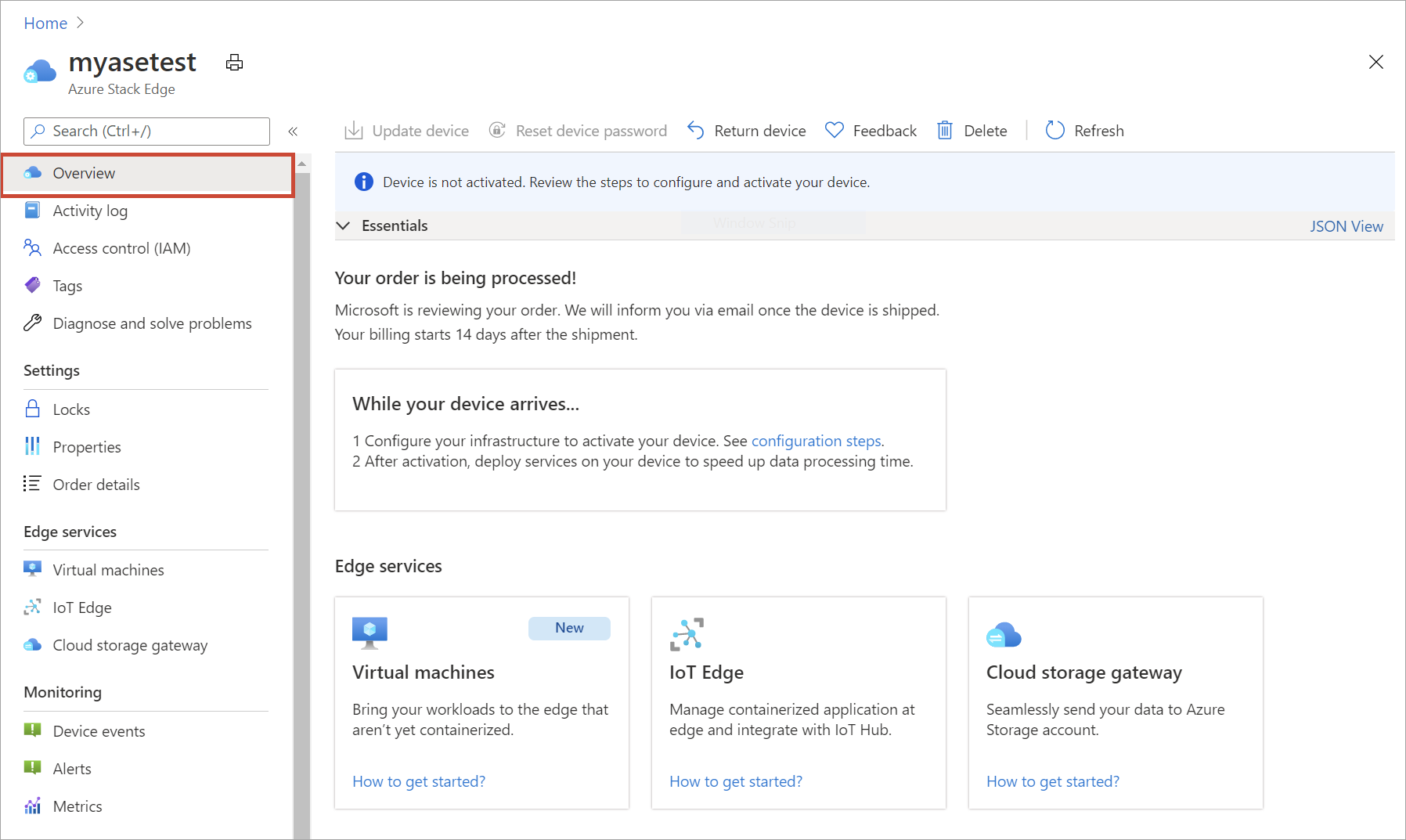 Captura de pantalla del panel Información general de un pedido de Azure Stack Edge.