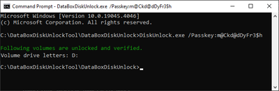 Captura de pantalla que muestra una respuesta correcta de la herramienta de desbloqueo de Data Box Disk que contiene la letra de unidad asignada.