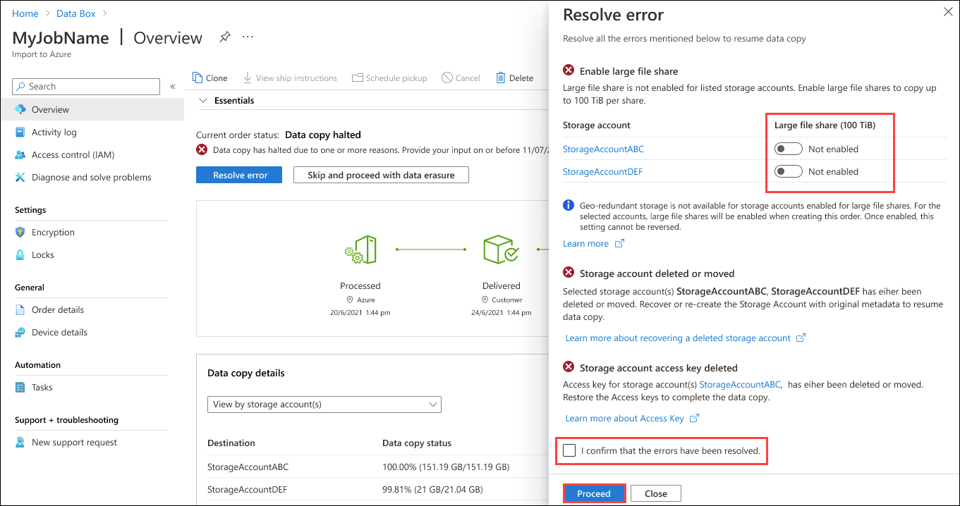 Captura de pantalla del panel Resolver errores para varios errores que se pueden reintentar de una carga de Data Box. Los botones No habilitado, la solicitud de confirmación y el botón Continuar están resaltados.