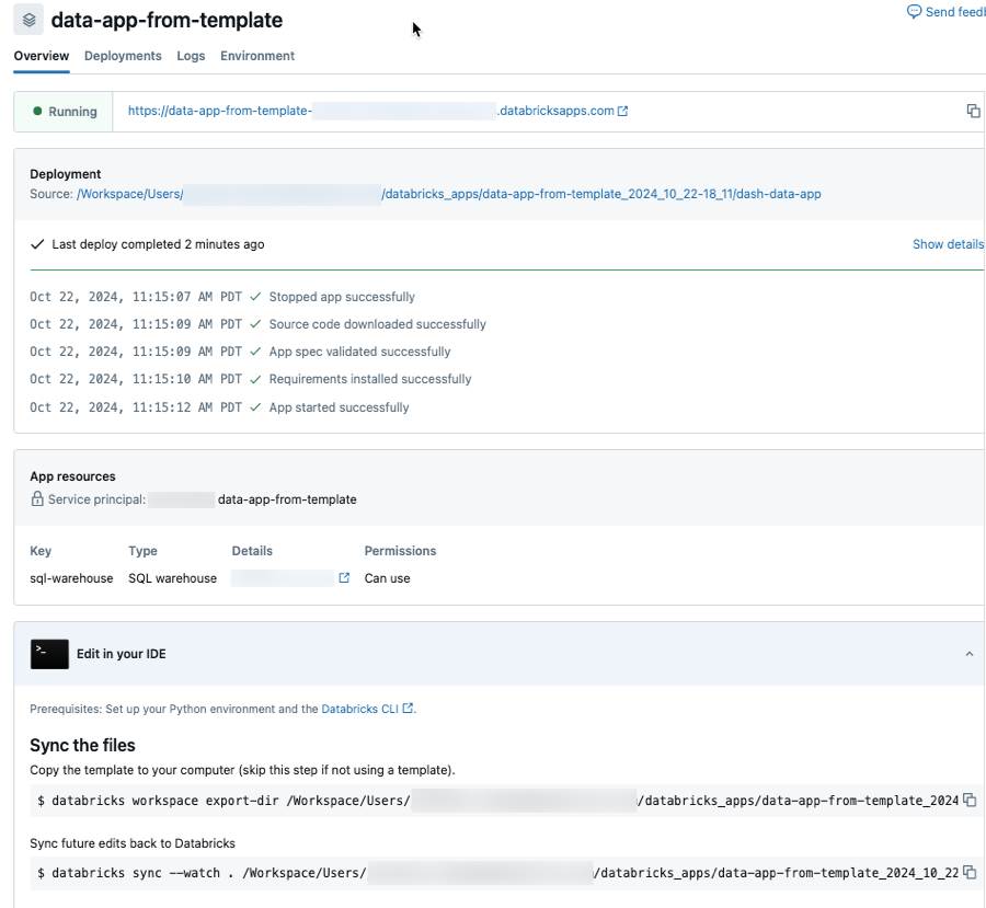 Ver los detalles de una aplicación de Databricks con plantilla