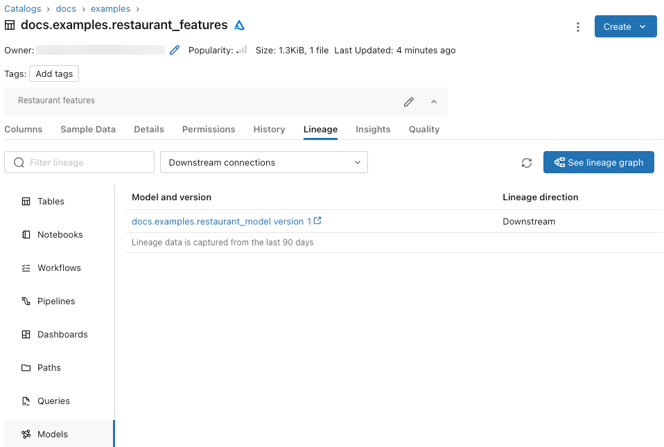 Pestaña Linaje de la página de modelos en Catalog Explorer