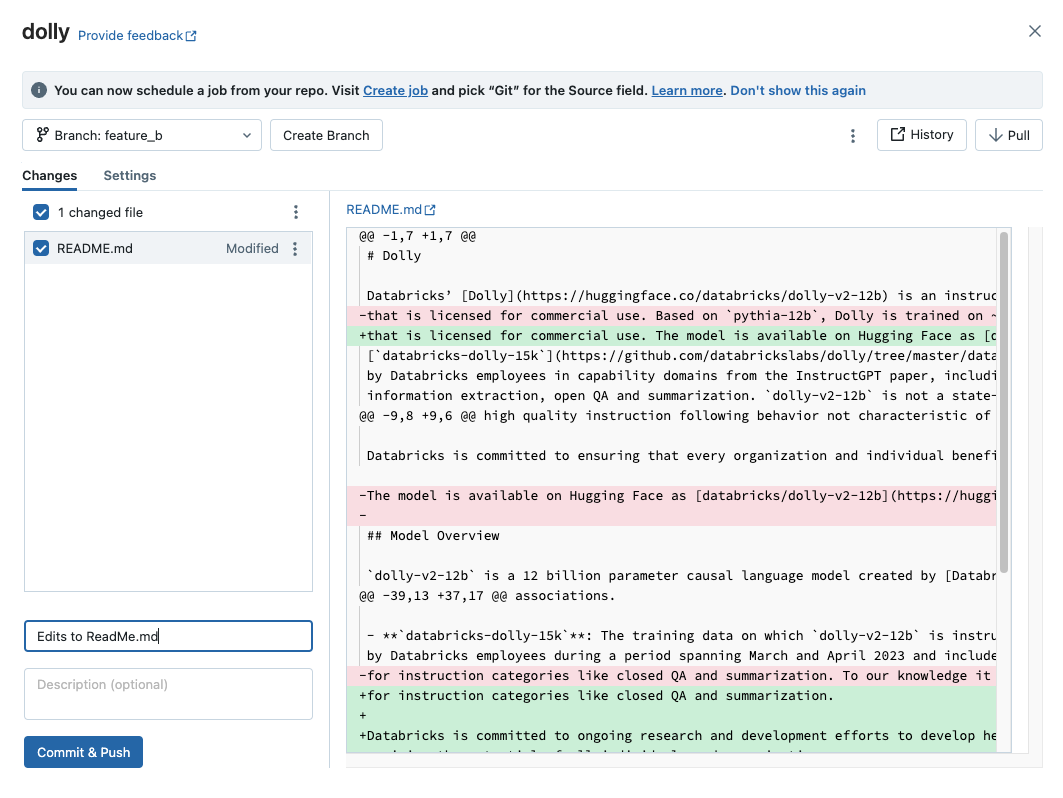 Cuadro de diálogo de Git con los cambios resaltados.