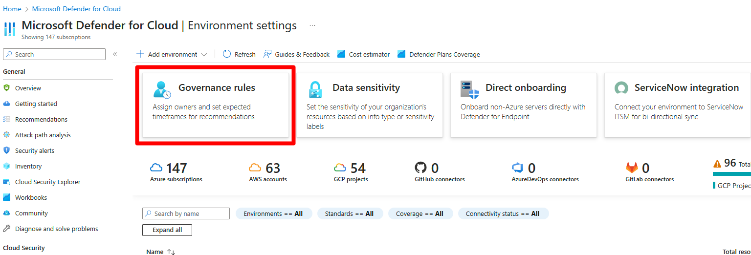 Captura de pantalla de la página de configuración del entorno que muestra dónde se encuentra el botón reglas de gobernanza.