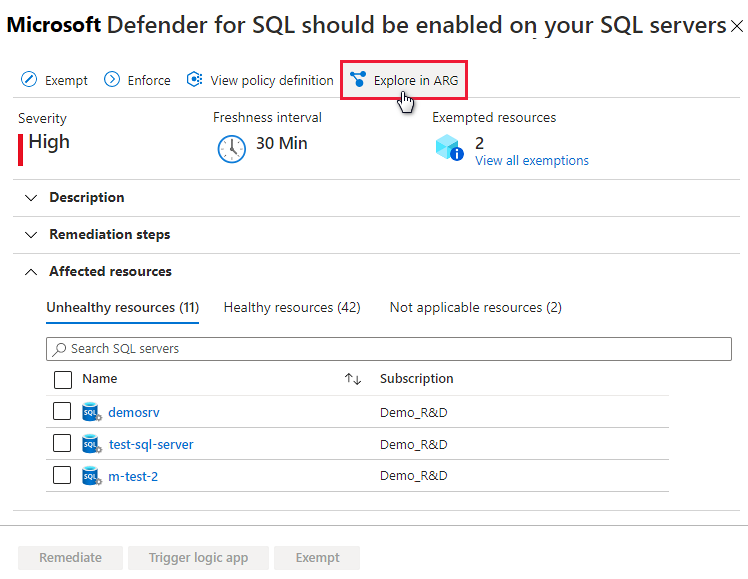 Exploración de los datos de recomendaciones en Azure Resource Graph.