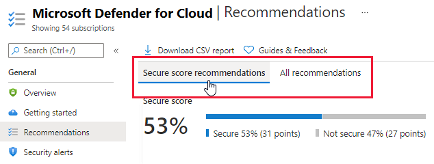 Pestañas para cambiar la vista de la lista de recomendaciones en Azure Security Center.