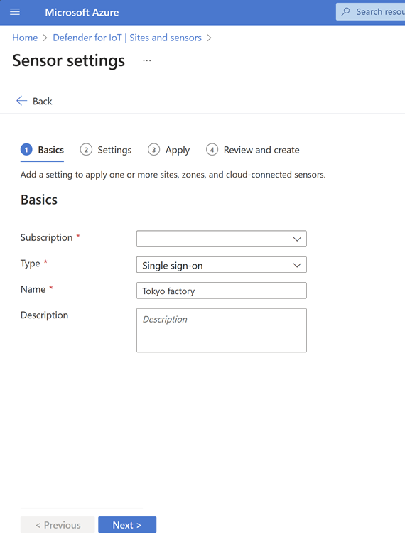 Captura de pantalla que muestra cómo crear una nueva configuración de sensor de inicio de sesión único en Defender para IoT.