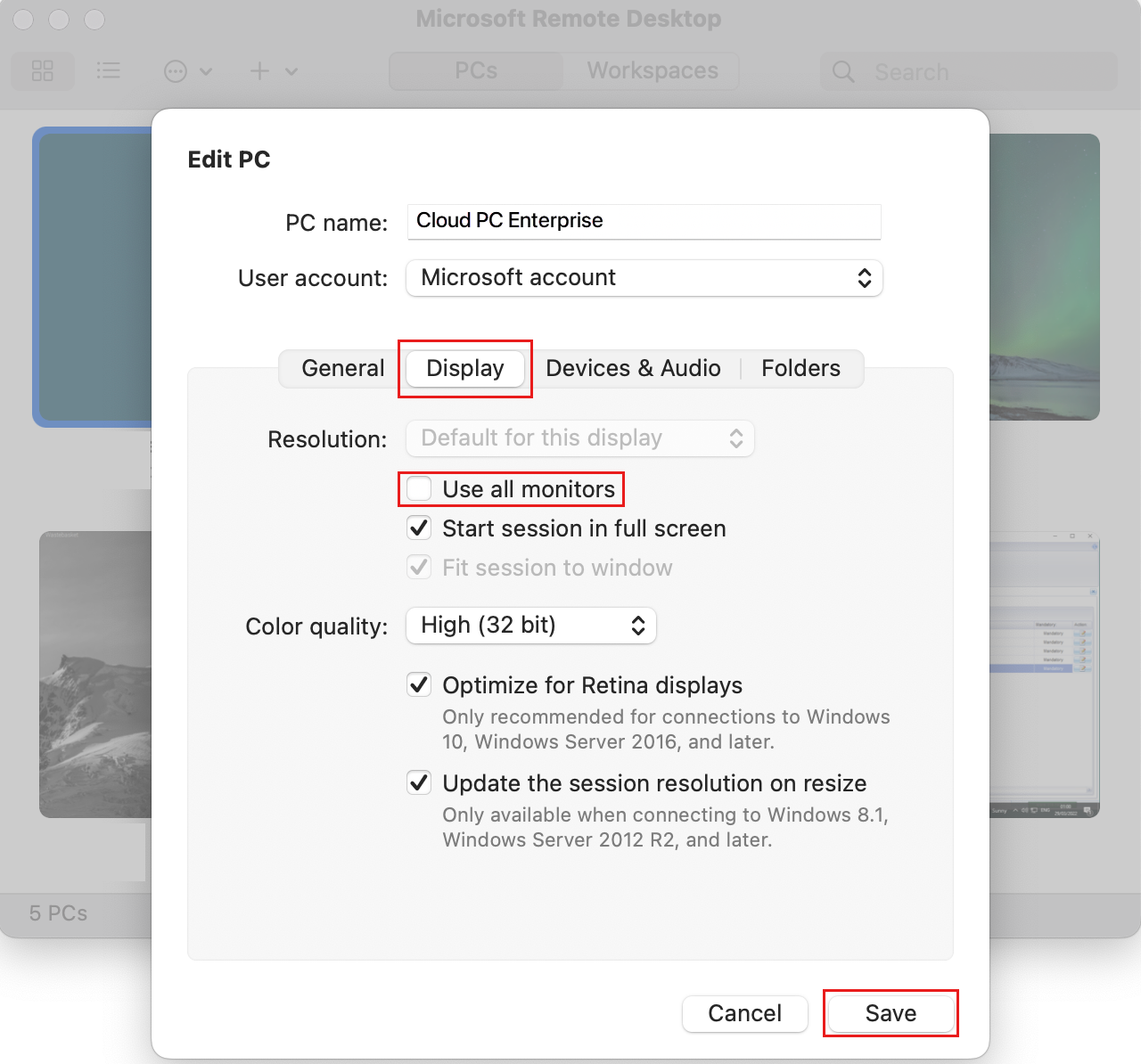 Captura de pantalla que muestra el cuadro de diálogo Editar PC con las opciones de configuración de visualización.